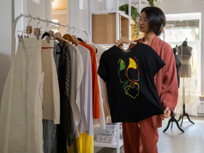 woman holding a printed t-shirt