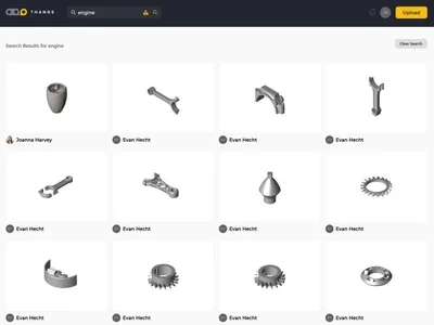 The Thangs Online search engine interface allows you to search through your model library, text search, and upload your own models to the system.